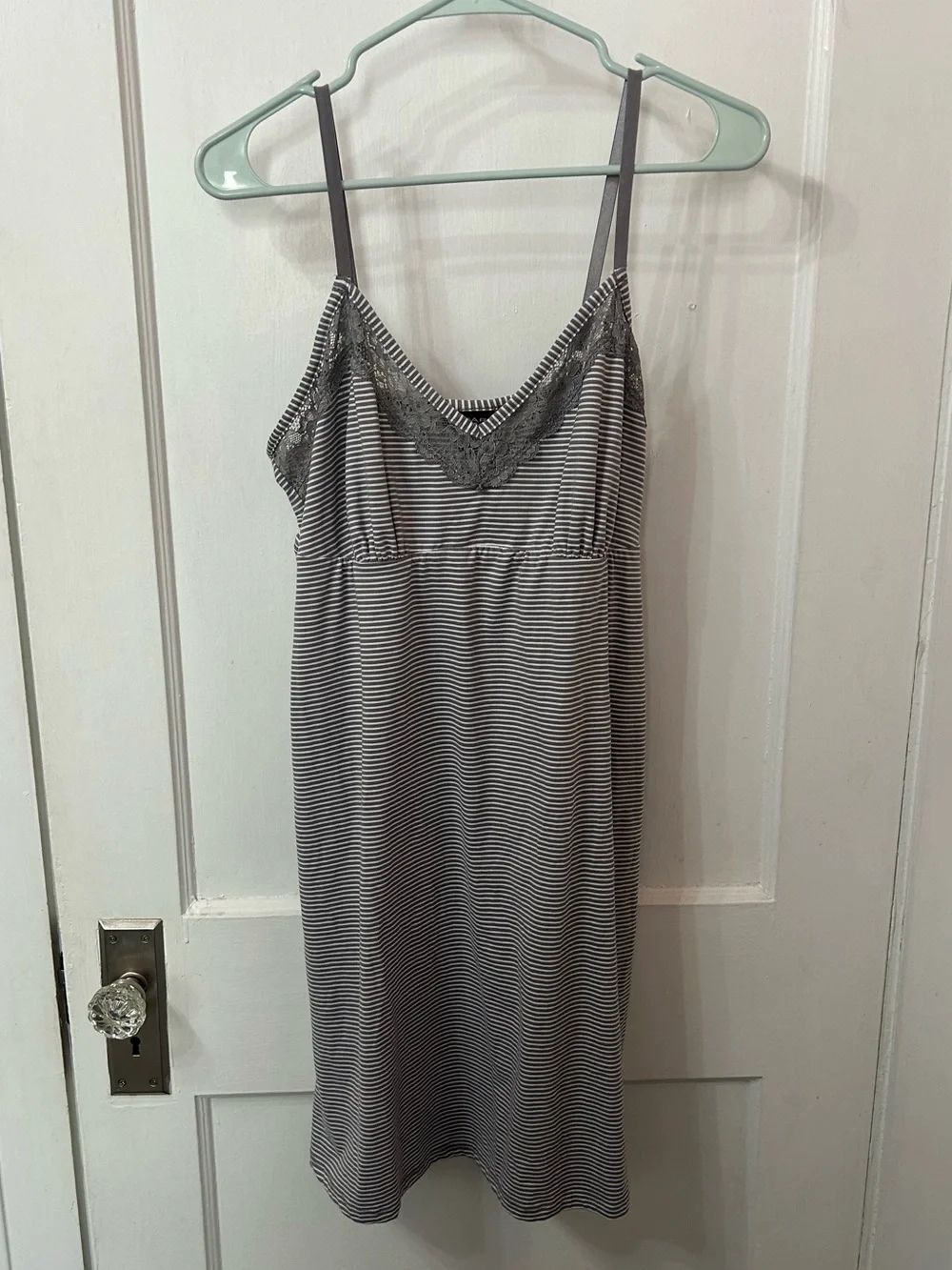 Tahari Grey Striped Lace-Trim Slip Dress
